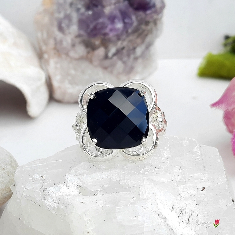 Cocktail Ring, Jet Black Facetted Stone, Silver Stamped 925
